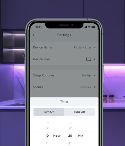 Accordion timer…Screenshot of mobile app showing timers and automation settings for Wyze Lightstrip Basic